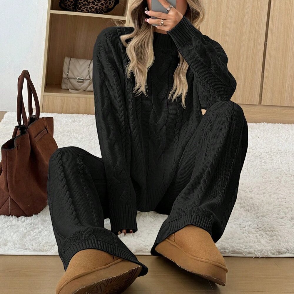 Black Casual Women's Round Neck Long Sleeve Top And Pants Set